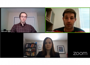 Screen capture of a Zoom call showing Christopher Florio, Padraic Scanlan, and Dionne Pohler, 